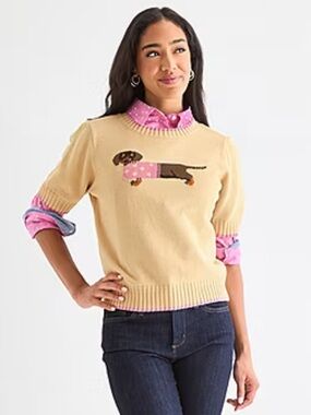 St. John’s Bay Tan Short Sleeve Sweater Dachshund Weiner Dog Novelty Pink Trim